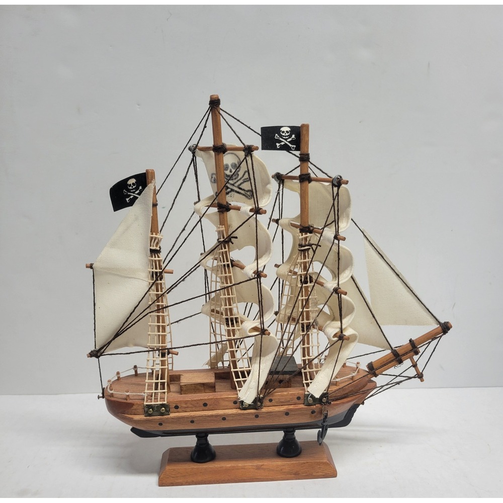 A Gift Corp Wooden Pirate Ship Model 9 Inch Jolly Roger Sails Nautical Decor